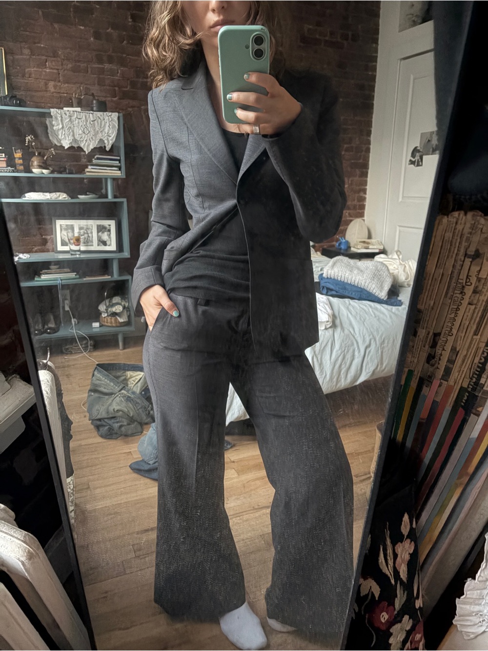 Elie Tahari Charcoal Gray Blazer & wide leg suit set